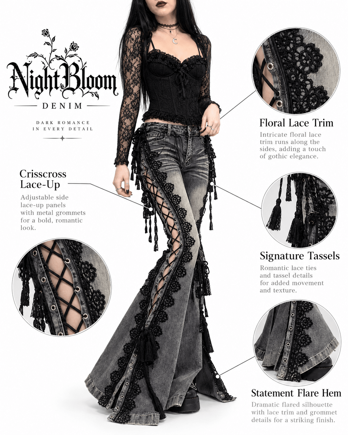 NightBloom Denim Patchwork Lace Jeans - My Store